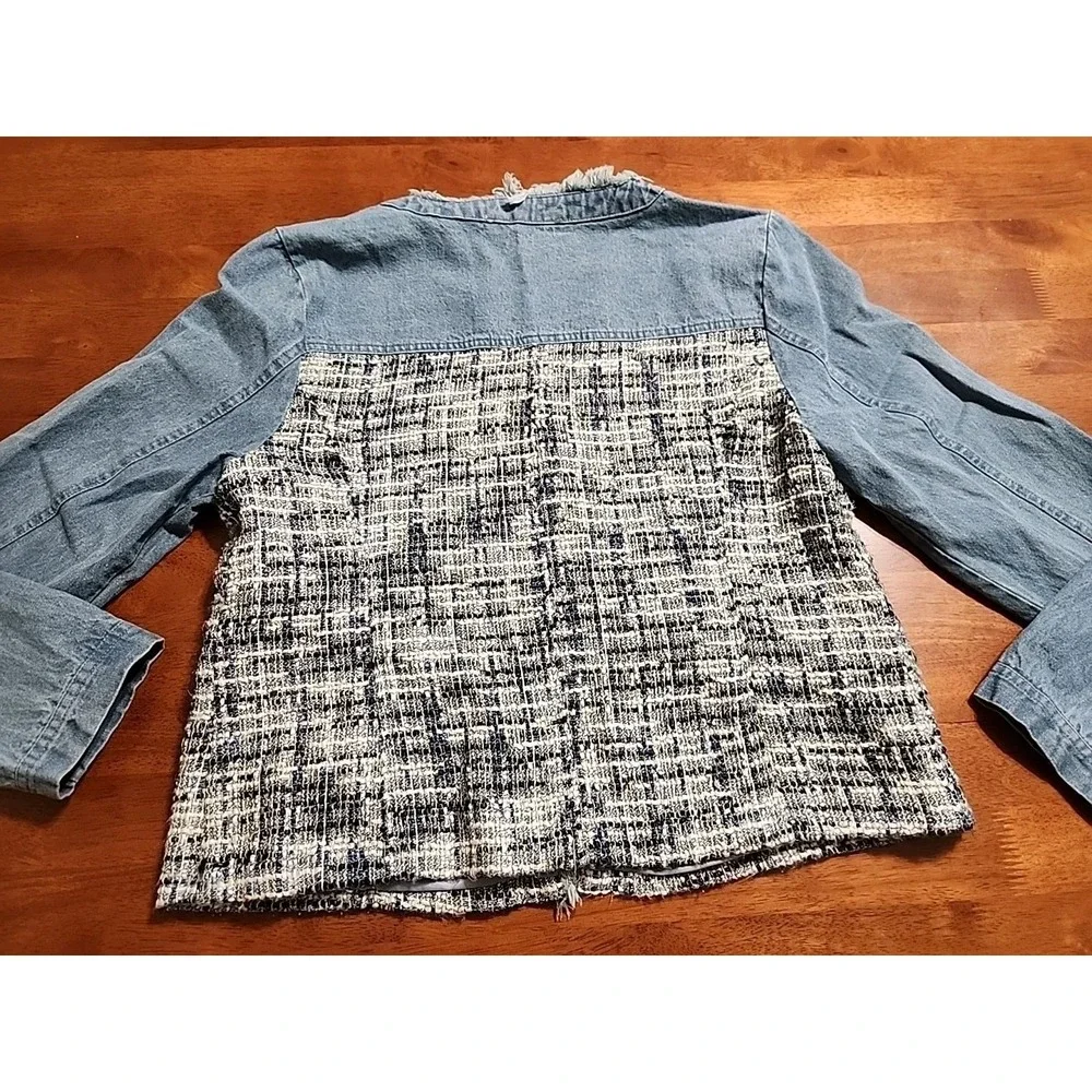 Arianna by Howard's Blue Denim Tweed Mixed Media Frayed Jacket‎ Womens Size S/M
